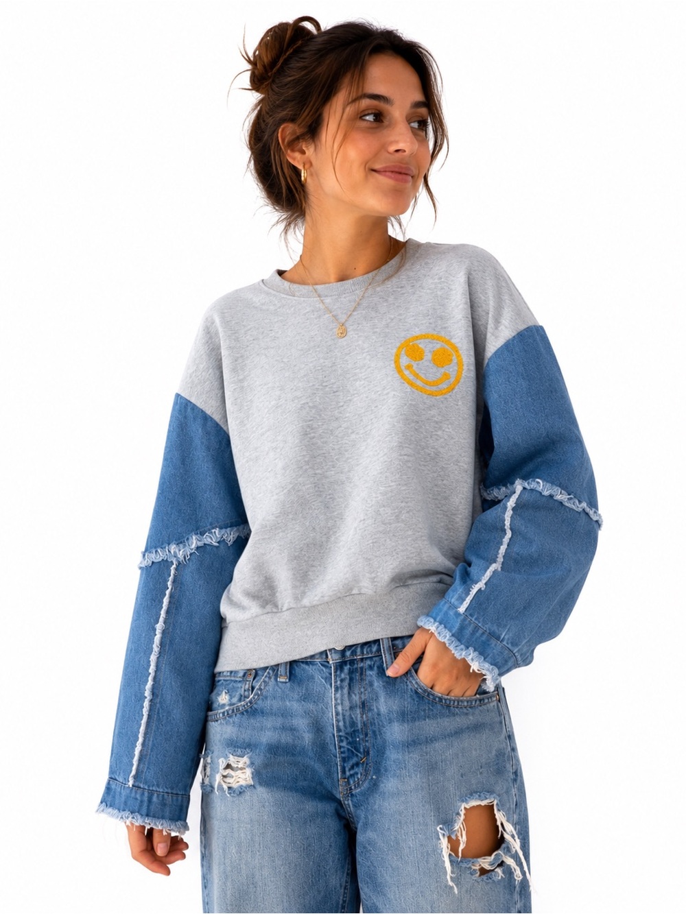 Ces Femme Gray Sweatshirt with Denim Patch Sleeves & Yellow Smiley - Size small